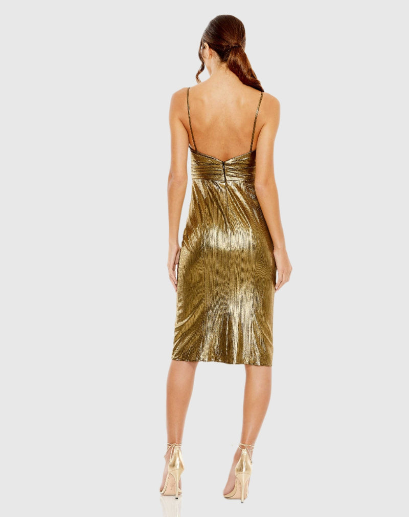 Metallic V Neck Midi Dress - Antique Gold