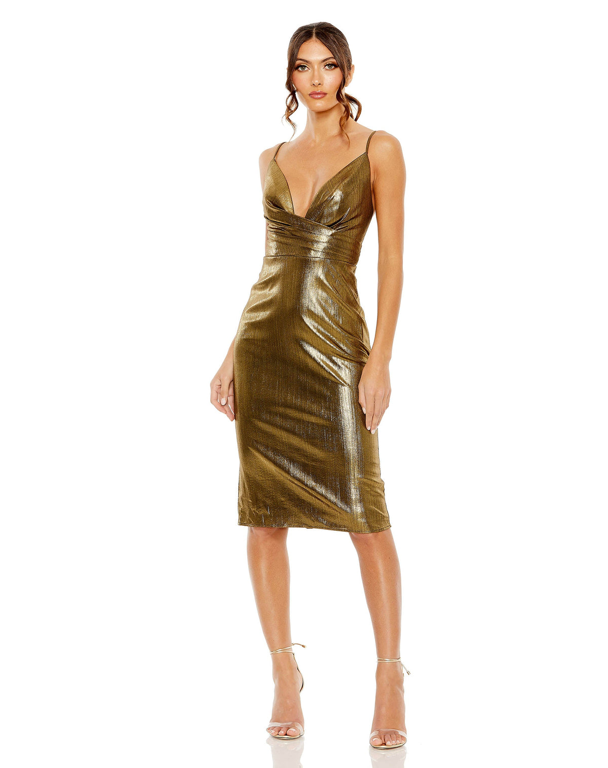 Mac Duggal #27057 Metallic V Neck Midi Dress - Antique Gold