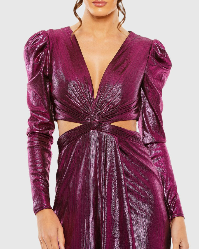 Princess Sleeve Cut Out Metallic Gown - Fuchsia