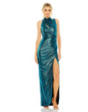 Mac Duggal #27085 Sleeveless high-neck gathered waist sequin gown - Peacock|