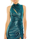 mac duggal HIGH NECK SLEEVELESS GOWN peacock teal close up