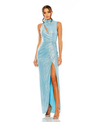 mac duggal HIGH NECK SLEEVELESS GOWN powder blue