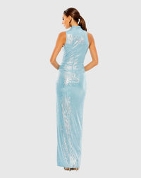 Sleeveless high-neck gathered waist sequin gown - Powder Blue