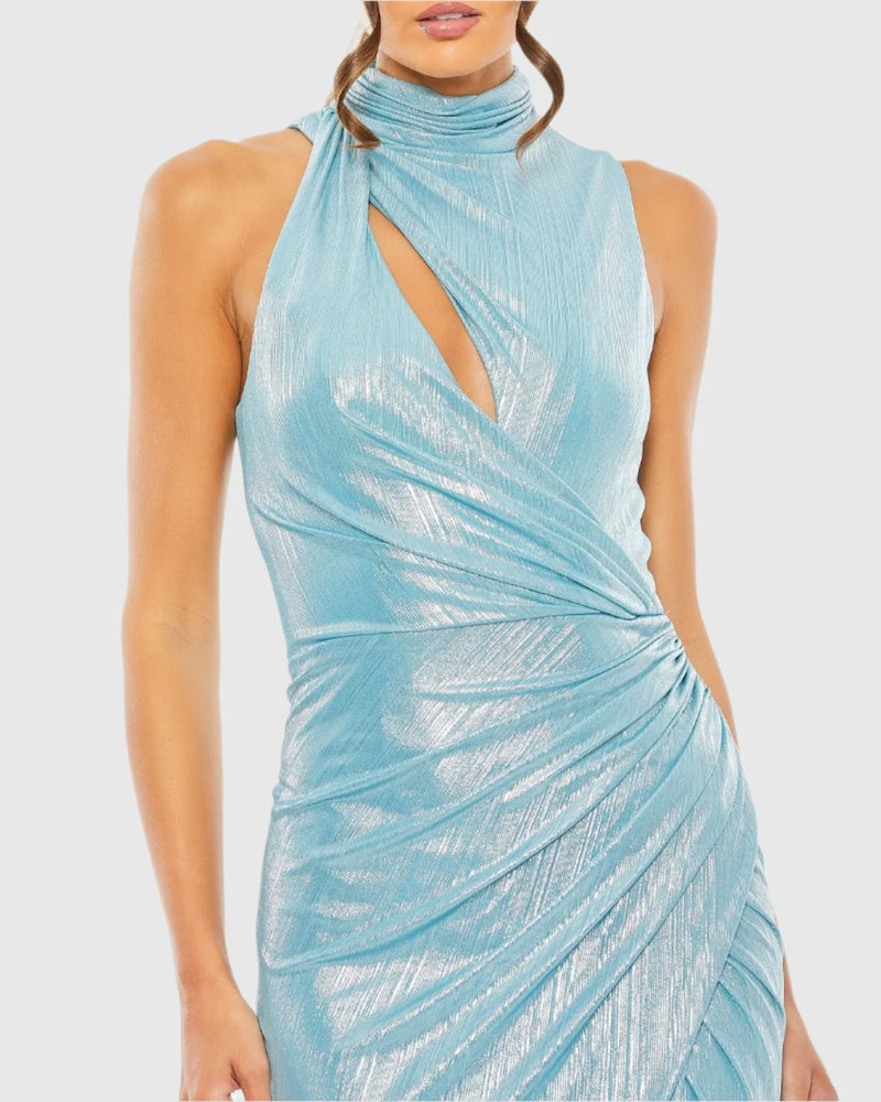 Sleeveless high-neck gathered waist sequin gown - Powder Blue