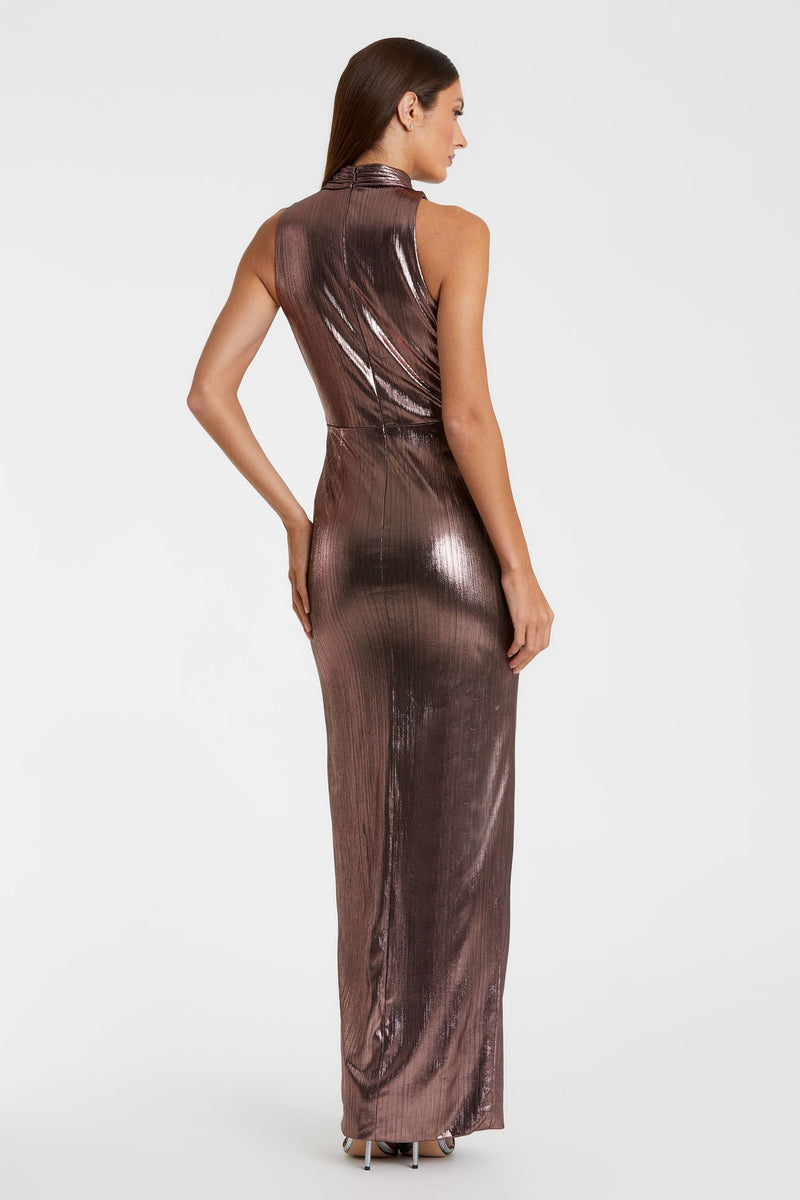 Sleeveless high-neck gathered waist sequin gown - Mocha