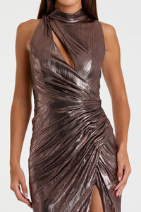 Sleeveless high-neck gathered waist sequin gown - Mocha