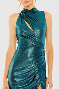 Sleeveless high-neck gathered waist sequin gown - Peacock