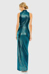 Sleeveless high-neck gathered waist sequin gown - Peacock