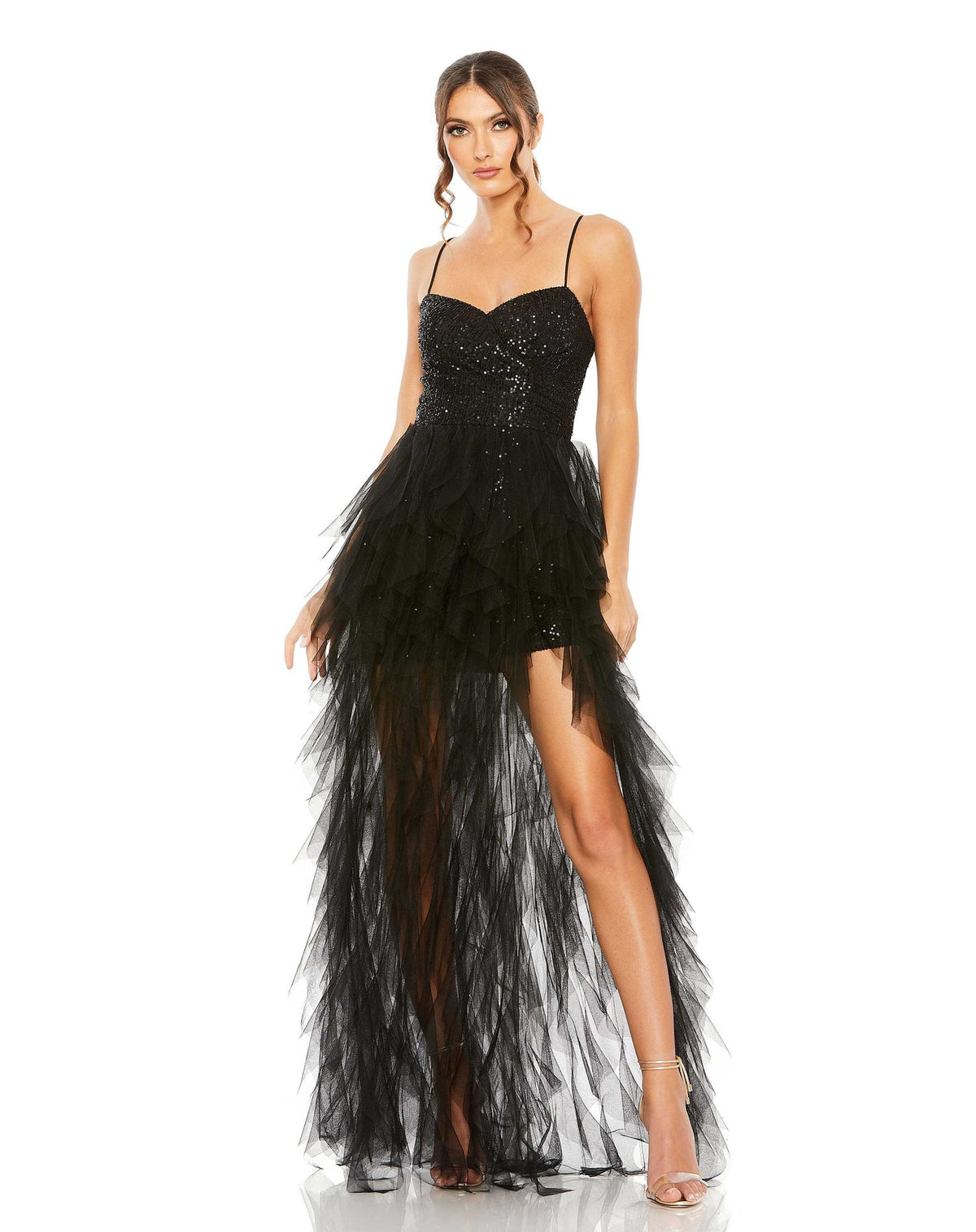 Mac Duggal #27119 Sequin Mini High Low Ruffle Dress - Black | Shaide - Shop Women's Evening Dresses Online