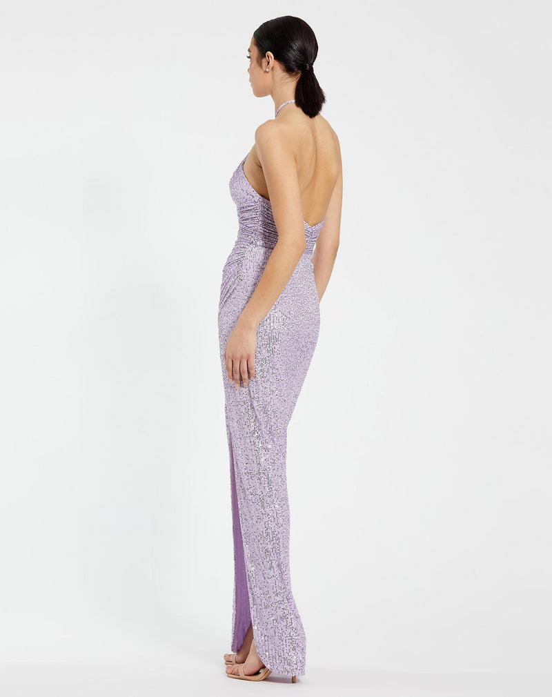 One shoulder ruched side front slit sequin gown - Lilac