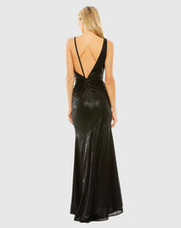 Thin strap gathered waist high slit metallic dress - Black