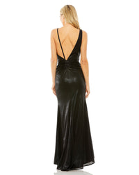 Mac Duggal Style #27154 Thin strap gathered waist high slit metallic dress - Black backless 