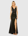 Mac Duggal, Thin strap gathered waist high slit metallic dress, Black #27154