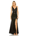 Mac Duggal Style #27154 Thin strap gathered waist high slit metallic dress - Black