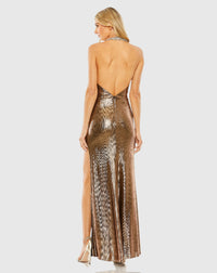 High Neck Crystal Detail Metallic Slit Gown - Antique Gold