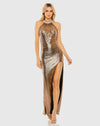 Mac Duggal #27155 High Neck Crystal Detail Metallic Slit Gown, Antique Gold 