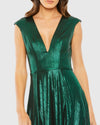 Cap Sleeve Deep V Neck High Slit Metallic Gown - Emerald