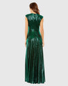 Cap Sleeve Deep V Neck High Slit Metallic Gown - Emerald