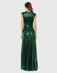 Cap Sleeve Deep V Neck High Slit Metallic Gown - Emerald