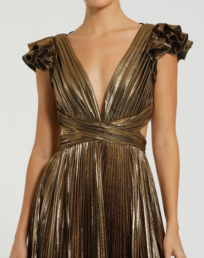 Ruffle Sleeve Cutout Pleated Metallic Gown - Antique Gold