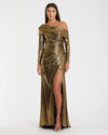 Mac Duggal #27175 Long Sleeve Off the Shoulder Gown - Antique Gold