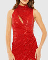 Sleeveless high-neck gathered waist sequin gown - Red