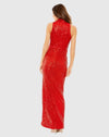 Sleeveless high-neck gathered waist sequin gown - Red