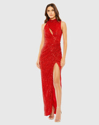 Mac Duggal - Sleeveless high-neck gathered waist sequin gown - Red #27183 