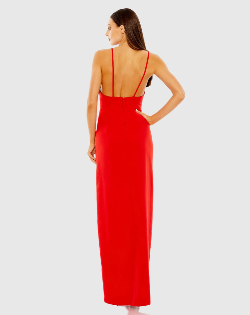 Thin strap cut-out high slit V neck gown - Red