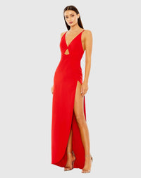 Gal Gadot Red Notice dress Mac Duggal, Thin strap cut-out high slit V neck gown, Red #27434