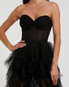 Strapless Bustier Net Gown With Spiral Ruffles - Black