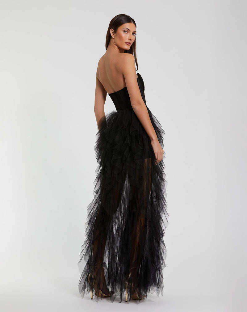 Strapless Bustier Net Gown With Spiral Ruffles - Black