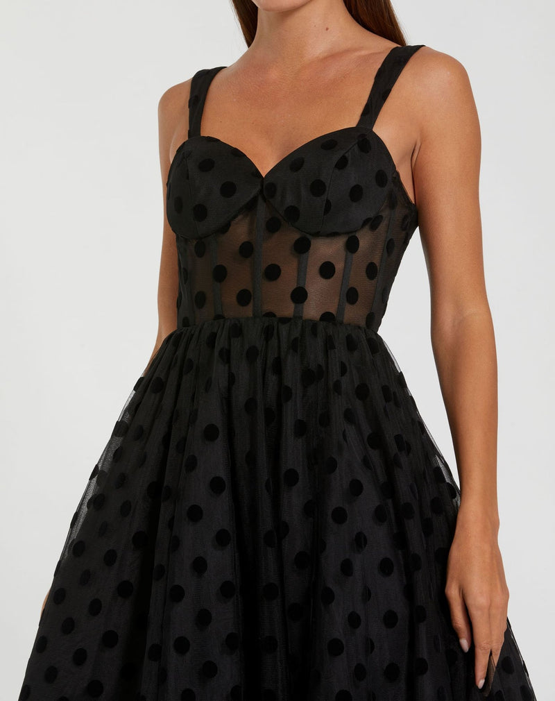 Polka Dot Net Bustier A-Line Midi Dress- Black