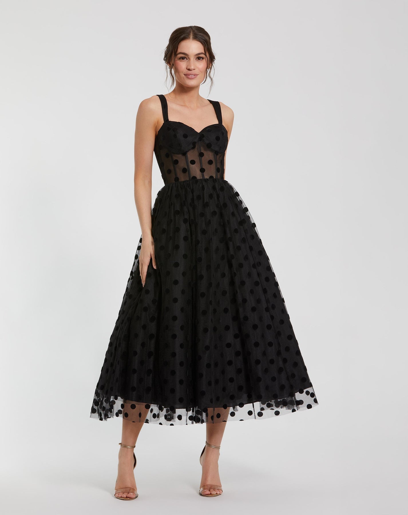 Polka Dot Bustier A Line Midi Dress Black