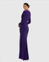 Long Sleeve Cowl Neck Jersey Gown With Slit - Indigo