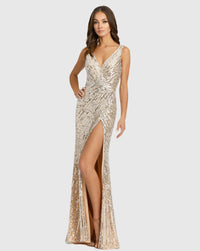 MAc Duggal, Sleeveless Sequin Plunge Goddess Gown - Nude #41028