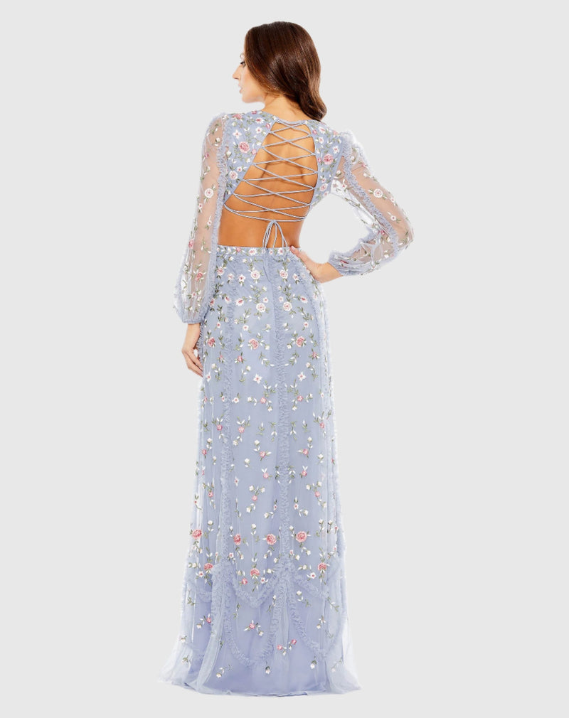 Long Sleeve Embellished Cut Out Gown - Periwinkle