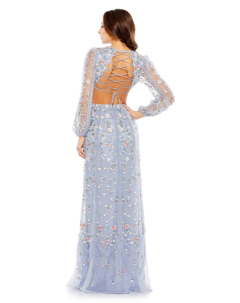 Long Sleeve Embellished Cut Out Gown - Periwinkle