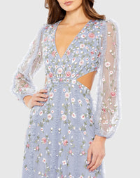 Long Sleeve Embellished Cut Out Gown - Periwinkle