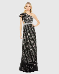 Mac Duggal #70160 Embroidered Ruffled One Shoulder Lace Up Gown, Black Multi 