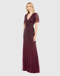 Mac Duggal #35109 Embellished Flutter Sleeve Evening Gown -Aubergine