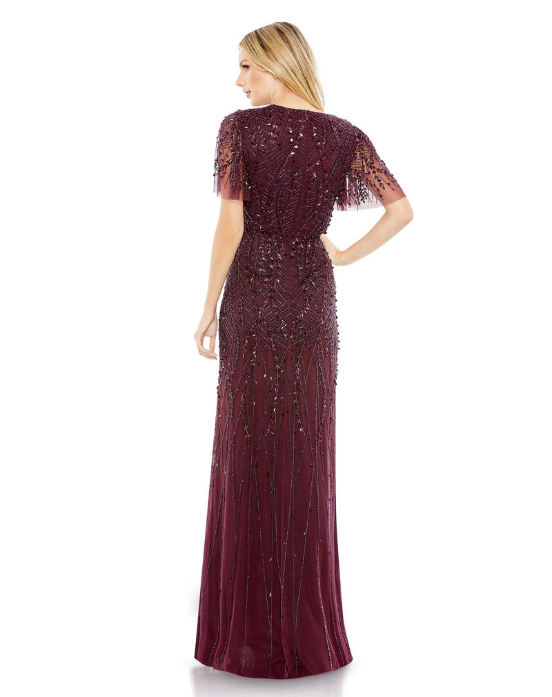 Embellished Flutter Sleeve Gown - Aubergine