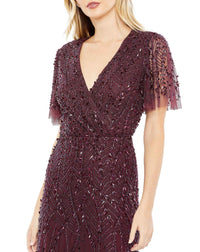 Embellished Flutter Sleeve Gown - Aubergine