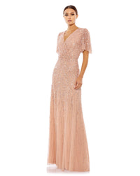 Mac Duggal #35109 Embellished Flutter Sleeve Evening Gown -Nude|