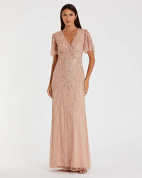 Embellished Flutter Sleeve Gown - Nude