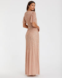 Embellished Flutter Sleeve Gown - Nude