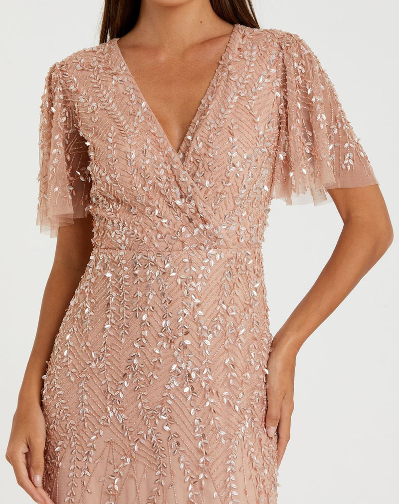 Embellished Flutter Sleeve Gown - Sage