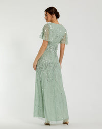 Embellished Flutter Sleeve Gown - Sage