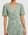 Embellished Flutter Sleeve Gown - Sage