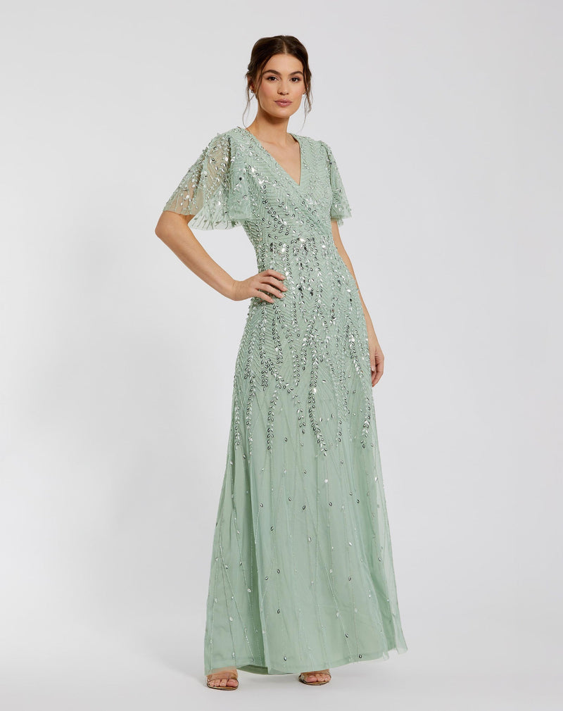 Mac Duggal #35109 Embellished Flutter Sleeve Evening Gown - Sage